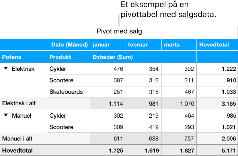 En pivottabel med opsummerede data for cykler, løbehjul og skateboards med betjeningsmuligheder, der kan vise bestemte data.