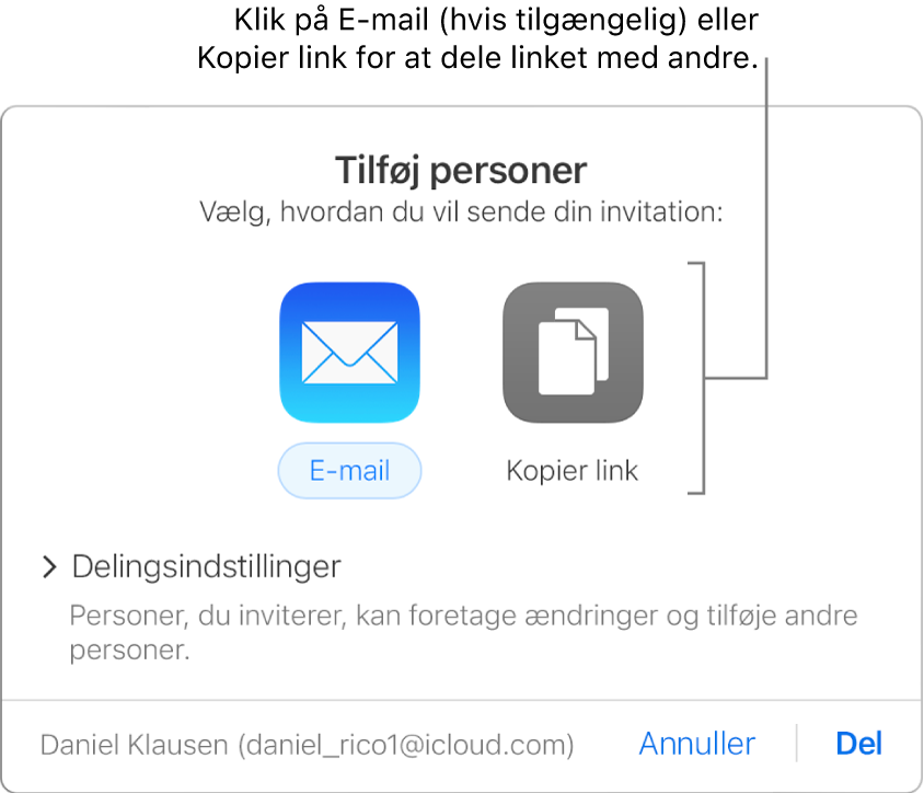 Det vindue, der vises, når du klikker på knappen Samarbejde på værktøjslinjen (før et regneark deles). Knapperne E-mail og Kopier link giver dig mulighed for at vælge, hvordan du vil dele regnearket.