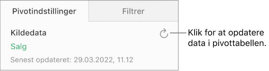 Fanen Pivotindstillinger, der viser knappen Opdater øverst til højre.