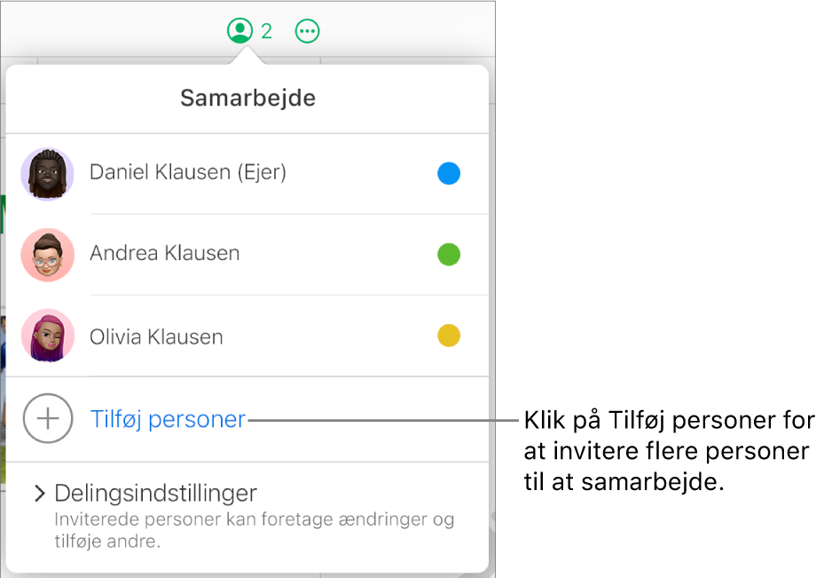 Menuen Samarbejde er åben med muligheden Tilføj personer under deltagerlisten.