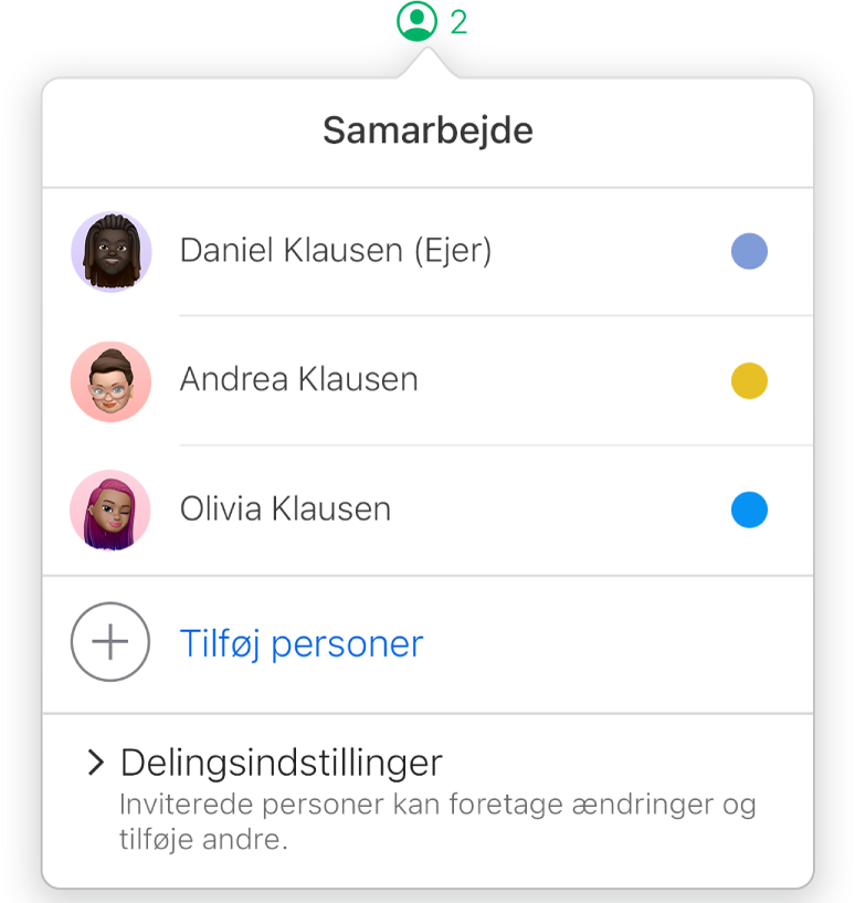 Menuen Samarbejde, der viser navnene på de personer, der samarbejder om regnearket. Under navnene vises delingsindstillinger.