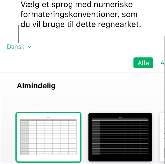 Lokalmenuen øverst til venstre for skabelonvælgeren, hvor Engelsk (USA) er valgt.