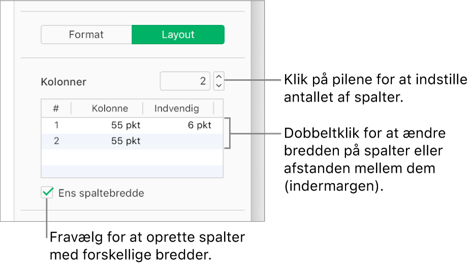 Funktionerne for tekstkolonner i vinduet Layout for indholdsoversigten Format.