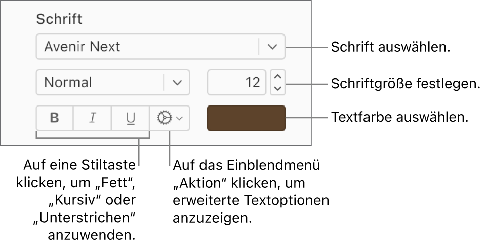 Die Steuerelemente für Farbe und Textstil in der Seitenleiste „Format“.