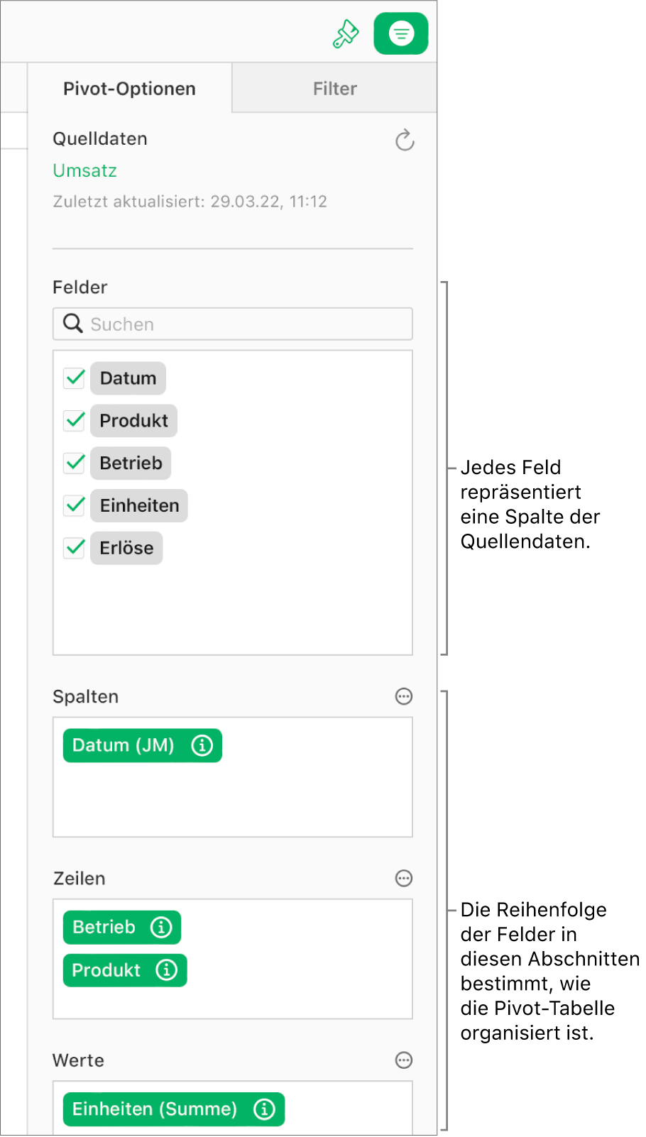 Der Tab „Pivot-Optionen“ in der Seitenleiste „Organisieren“. Es werden Felder in den Bereichen „Spalten“, „Zeilen“ und „Werte“ angezeigt sowie die Taste „Mehr“ und die Infotaste, um die Felder zu bearbeiten und die Pivot-Tabelle zu aktualisieren.