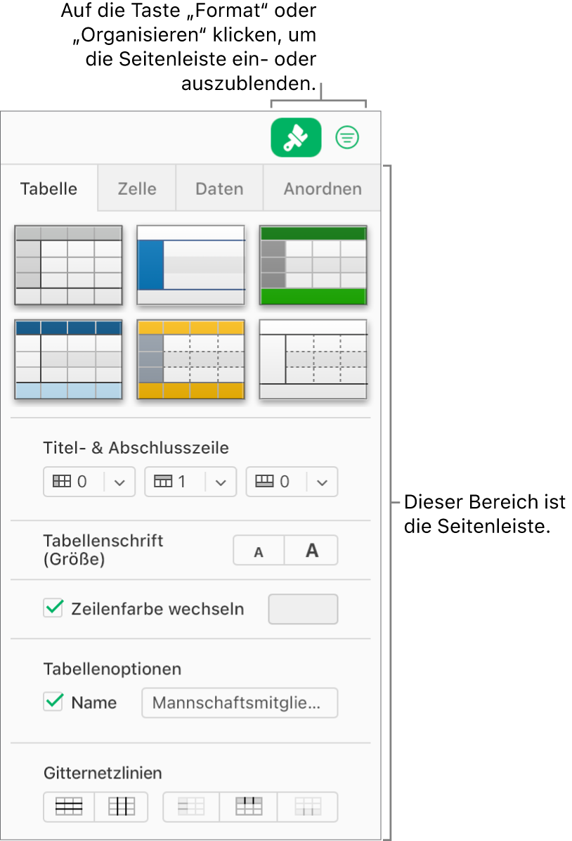 Die Taste „Format“ ist in der Symbolleiste ausgewählt und die Steuerelemente für den Tabellenstil, die Farbe und weitere Formatierungen erscheinen in der Seitenleiste rechts neben der Tabellenkalkulation. Die Taste „Organisieren“ erscheint rechts neben der Taste „Formatieren“ in der Seitenleiste.