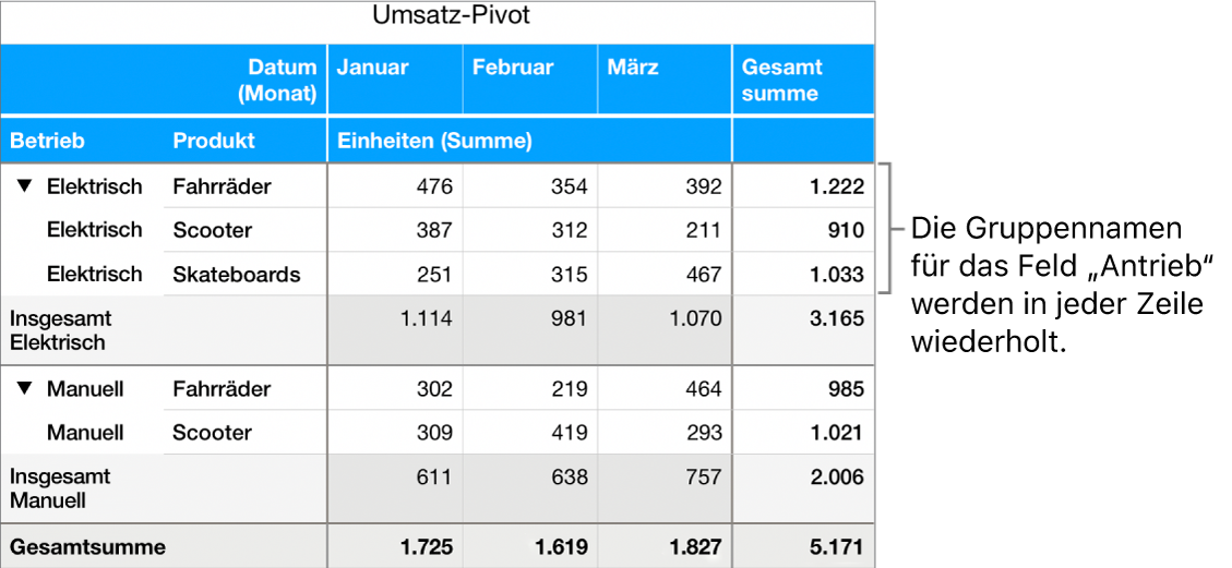 Ein Pivot-Diagramm mit den in jeder Zeile wiederholten Gruppennamen „Elektrisch“ und „Manuell“ für das Feld „Betrieb“