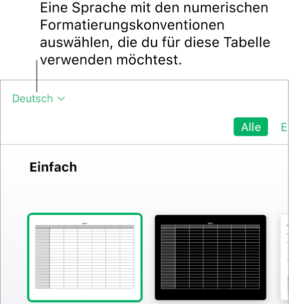 Das Einblendmenü oben links in der Vorlagenauswahl mit Englisch (USA) ausgewählt.