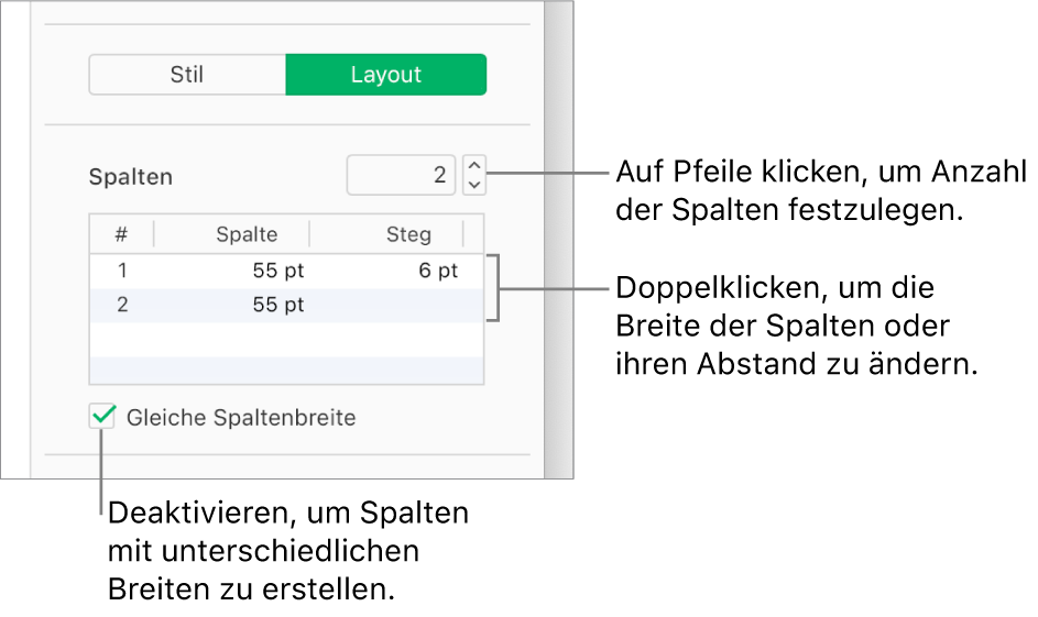 Die Steuerelemente für die Textspalten im Bereich „Layout“ der Seitenleiste „Format“.