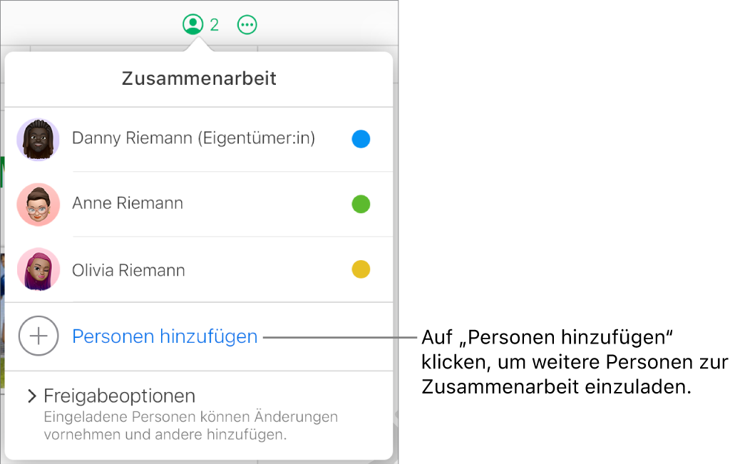 Das Menü „Zusammenarbeit“ ist geöffnet, mit einer Option „Personen hinzufügen“ unter der Teilnehmerliste.