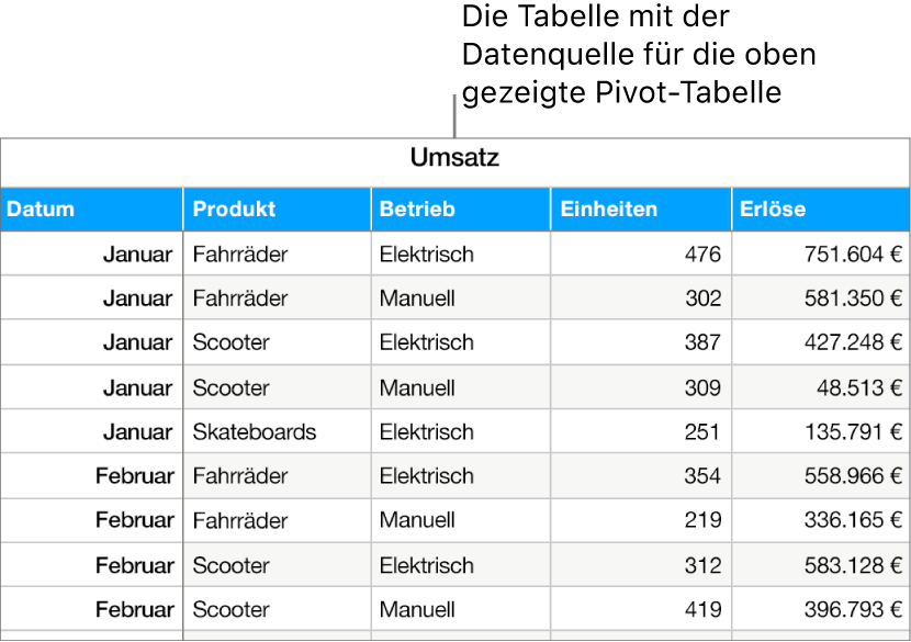 Eine Tabelle mit verkauften Einheiten und Umsätzen für Fahrräder, Roller und Skateboards, aufgeschlüsselt nach Monat und Produkttyp (manuell oder elektrisch).