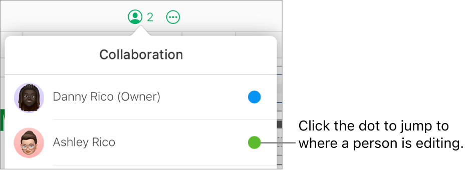 The Collaboration menu open, with two participants and a different color dot to the right of each name.