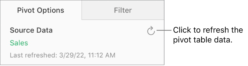 The Pivot Options tab showing the Refresh button in the upper right.