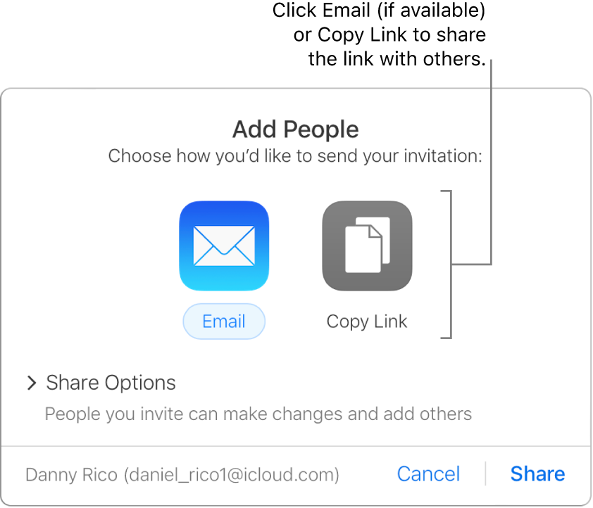 The window that appears when you click the Collaboration button in the toolbar (before a spreadsheet is shared). Email and Copy Link buttons allow you to choose how to share the spreadsheet.