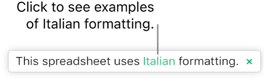 A message that says “This spreadsheet uses Italian formatting.”