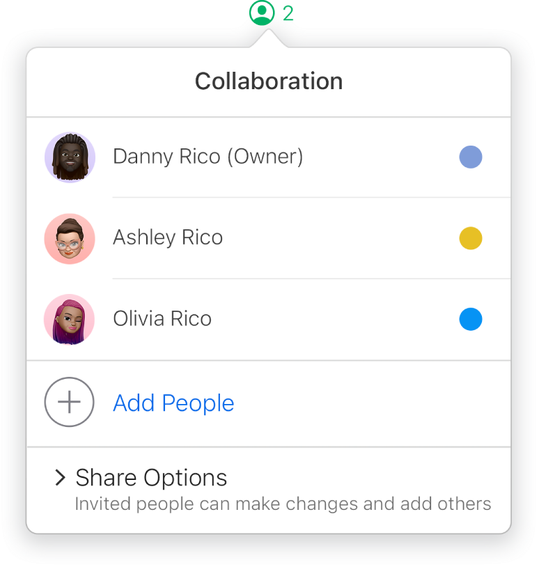 The Collaboration menu showing the names of people collaborating on the spreadsheet. Share options are below the names.