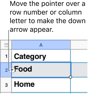 A row number is selected in a table, and a down arrow is visible to its right.