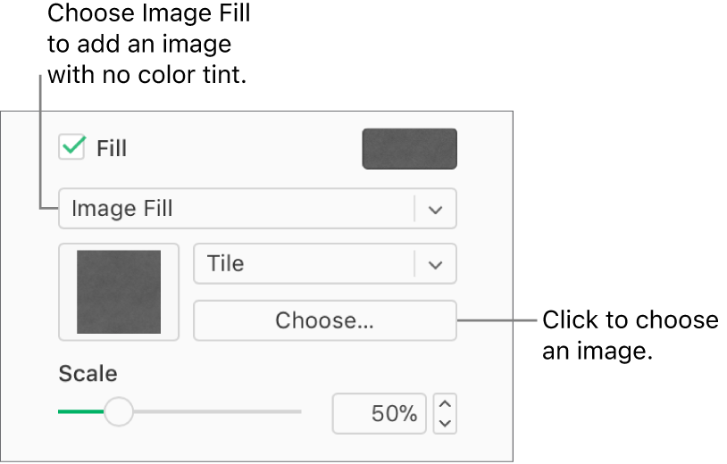 The Fill checkbox is selected in the sidebar, and Image Fill is chosen in the pop-up menu below the checkbox. Controls for choosing the image, how it fills the object, and the image’s scale, appear below the pop-up menu. A preview of the image fill appears in the square (after an image is chosen).