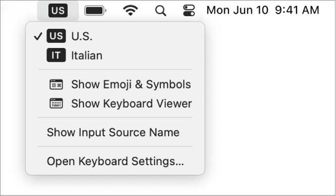 The Input menu on the upper-right side of the menu bar is open, and shows a number of languages available, menu items to open Emoji & Symbols and Keyboard Viewer, and more.