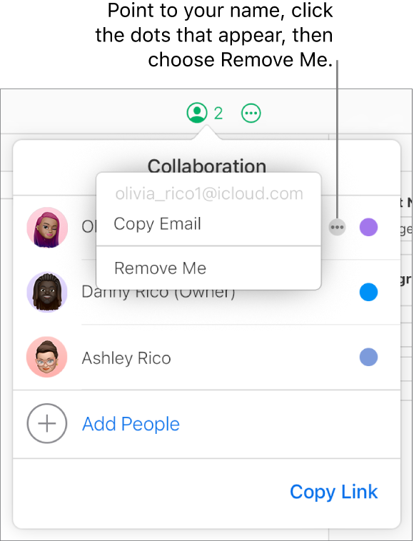 The Collaboration menu open, with the More button to the right of the first participant clicked, and a Remove Me option available.