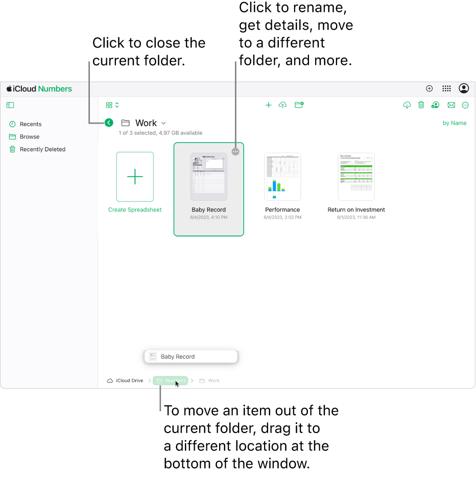 The spreadsheet manager in Browse view, with a spreadsheet being dragged from the current folder to a new location (the Numbers folder) at the bottom of the window. Below the toolbar, a Back button appears to the left of the current folder name (Work).