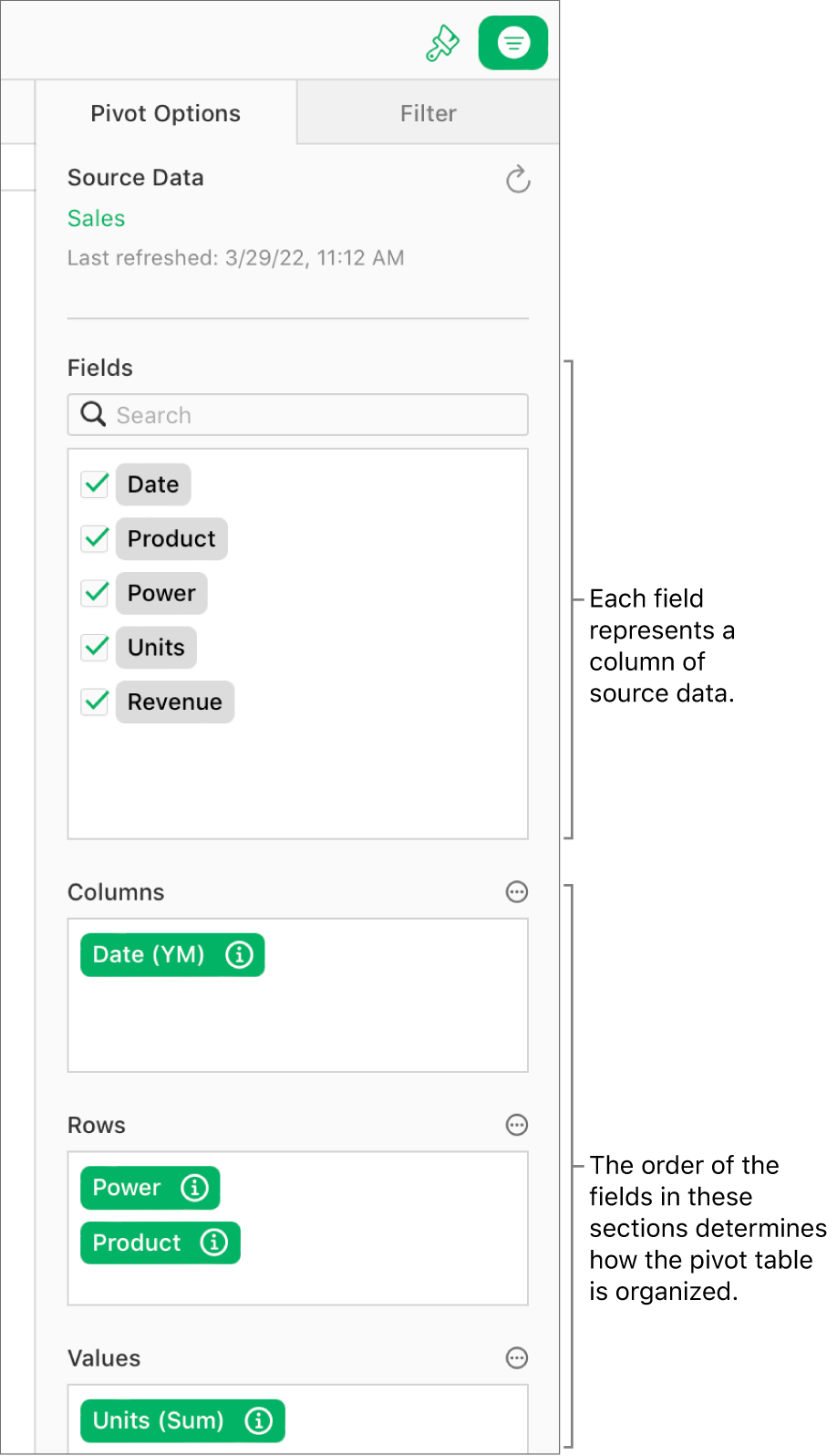 The Pivot Options tab in the Organize sidebar, showing fields in the Columns, Rows, and Values sections, as well as Info and More buttons to edit the fields and refresh the pivot table.