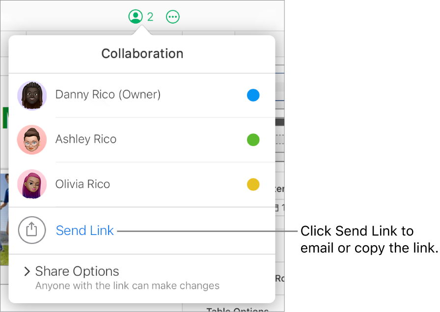 The Collaboration menu open, with a Send Link option below the participant list.