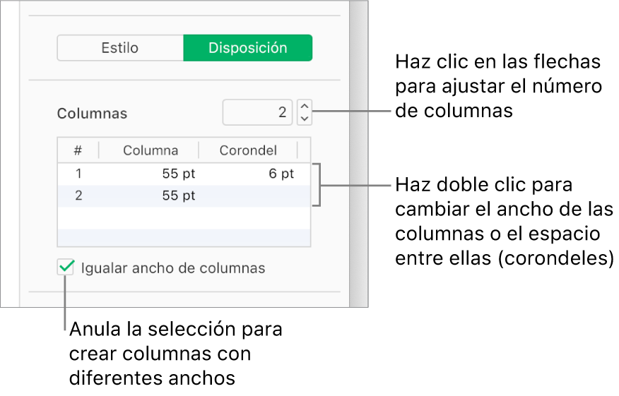 Controles de columna de texto en el panel Disposición de la barra lateral Formato.