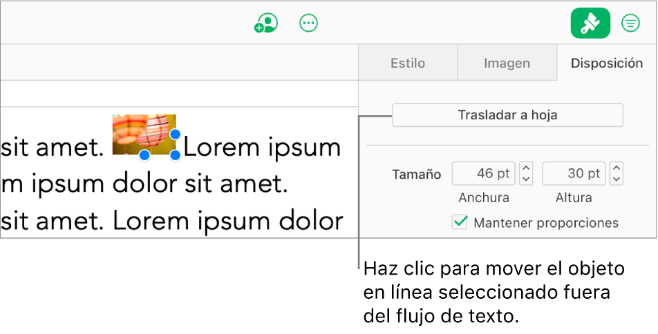 Hay una imagen integrada seleccionada dentro del cuadro de texto y el botón “Mover a la hoja” está visible en la pestaña Disposición de la barra lateral.