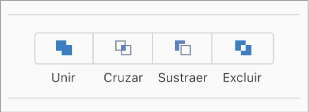 Los botones Unir, Cruzar, Sustraer y Excluir en la parte inferior de la pestaña Disposición en la barra lateral Formato.
