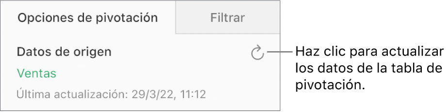 La pestaña “Opciones de pivotación” muestra el botón Actualizar arriba a la derecha.