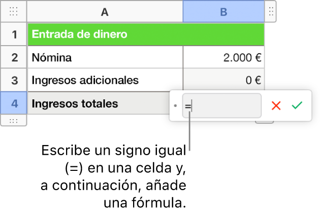 El editor de fórmulas está abierto y muestra = sin ninguna fórmula.