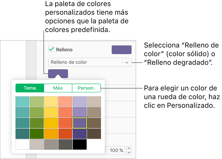 “Relleno de color” está seleccionado en el menú desplegable debajo de la casilla Relleno y la paleta de colores que hay debajo muestra opciones de relleno de color adicionales.