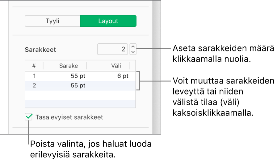 Kuvassa ovat Muoto-sivupalkin Asettelu-paneelin tekstisaraketoiminnot.