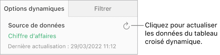 L’onglet Options du tableau croisé dynamique indique le bouton Actualiser en haut à droite.