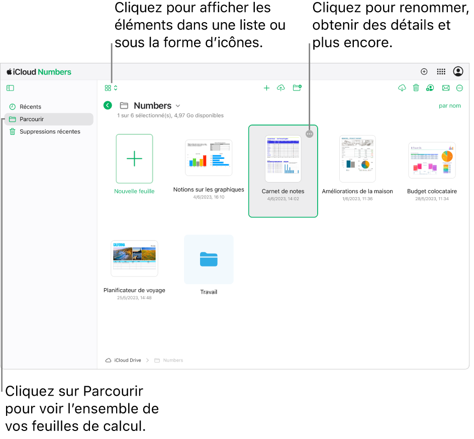 Le gestionnaire de feuilles de calcul en présentation de navigation, montrant des documents Numbers sous forme d’icônes dans une grille. Le bouton Plus (trois points) est visible dans le coin supérieur droit de la feuille de calcul sélectionnée. Au-dessus des feuilles de calcul, le côté gauche de la barre d’outils dispose d’un menu local où vous pouvez choisir d’afficher les éléments sous forme d’icônes ou dans une liste. Sur le côté droit de la barre d’outils se trouvent des boutons permettant de télécharger, collaborer, envoyer un e-mail ou supprimer.
