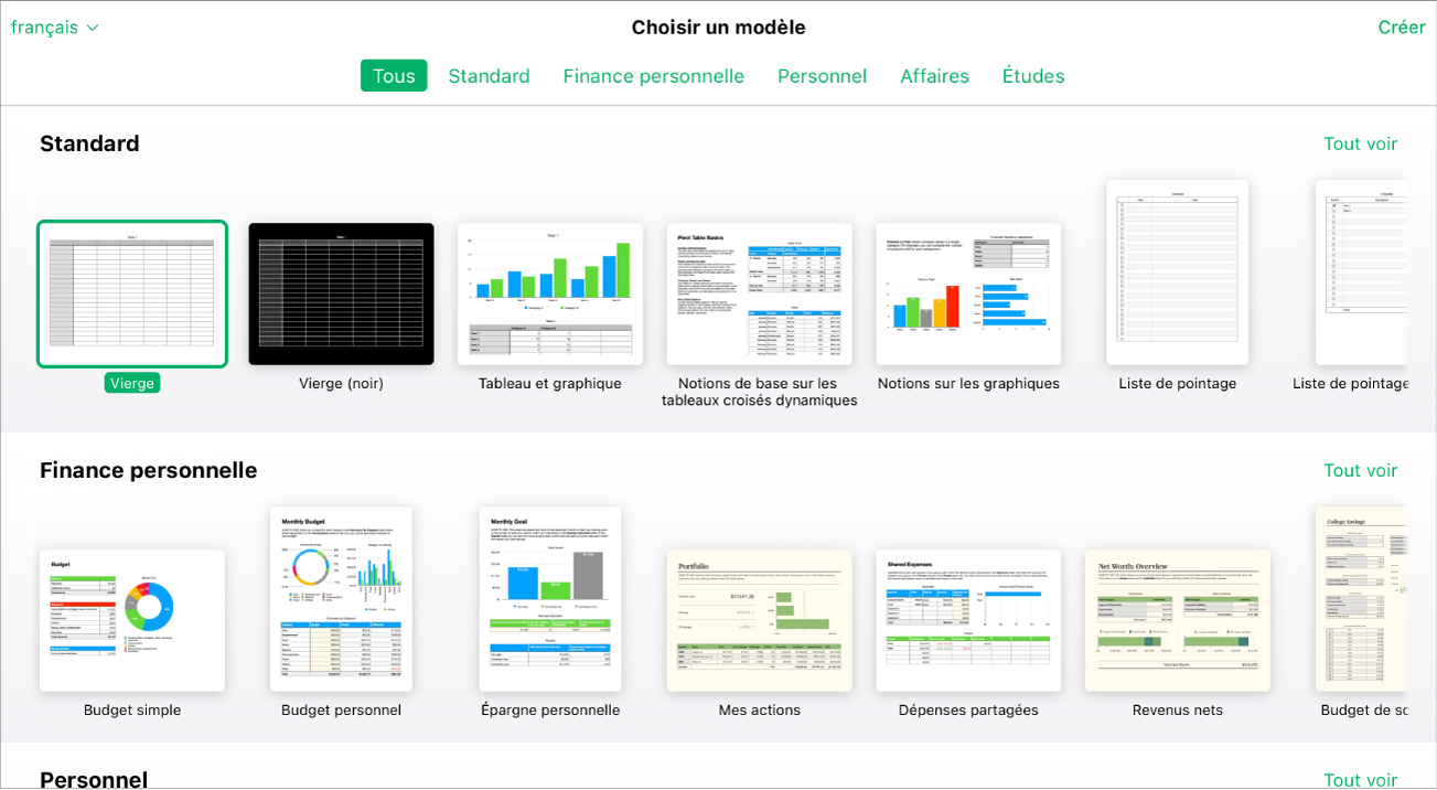 Liste des modèles affichant plusieurs vignettes de modèles. Le modèle Vierge est sélectionné.