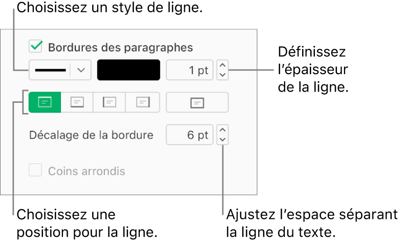 La case « Bordures des paragraphes » est cochée dans l’onglet Disposition de la barre latérale Format, et les commandes permettant de modifier le style de ligne, la couleur, l’épaisseur, la position et le décalage par rapport au texte apparaissent sous la case à cocher.