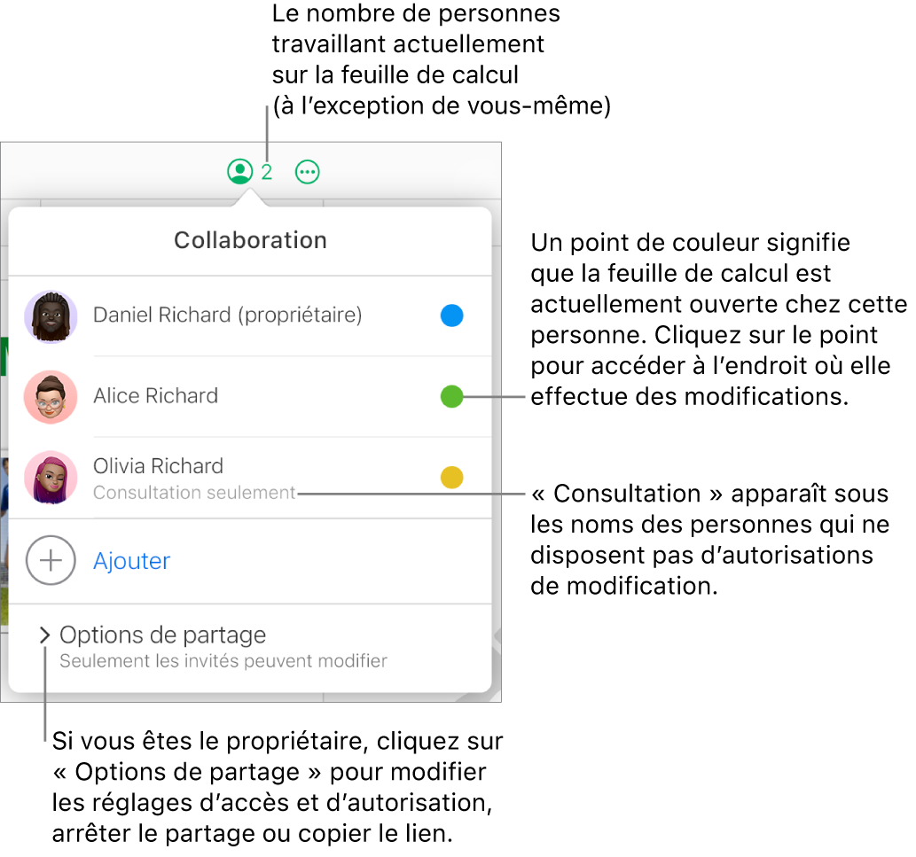 Le menu Collaboration est ouvert, avec une liste de trois participants (l’un d’eux ayant pour autorisation d’accès Consultation), une option « Ajouter des personnes » ainsi qu’une section « Options de partage » au sein de laquelle les propriétaires peuvent modifier les réglages d’accès et d’autorisation.