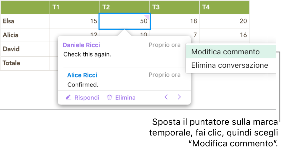 Un commento viene aperto, in alto il puntatore si trova sull’indicazione dell’ora dell’ultimo salvataggio e il menu a comparsa mostra due opzioni: “Modifica commento” ed “Elimina conversazione”.