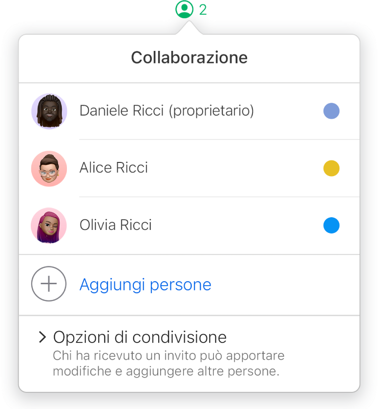 Menu Collaborazione che mostra i nomi delle persone che stanno collaborando al foglio di calcolo. Le opzioni di condivisione si trovano sotto i nomi.