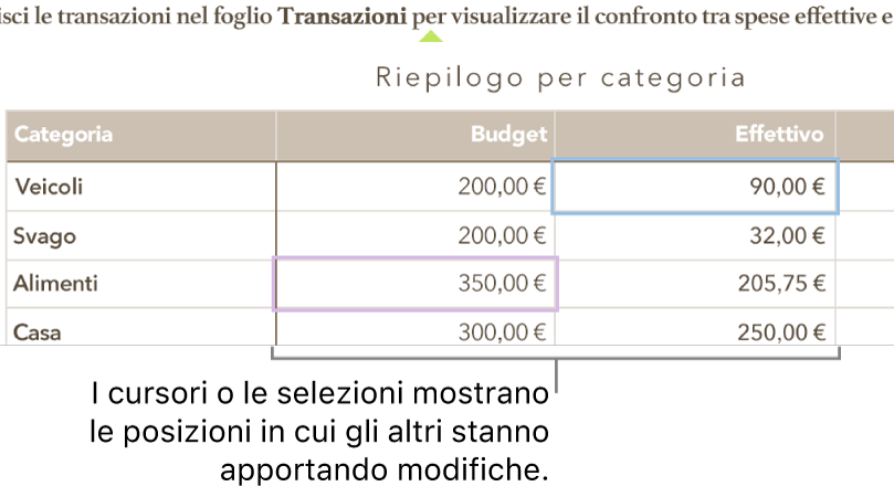 Cursori e selezioni di celle di tabella di diversi colori che indicano i punti in cui altre persone stanno apportando modifiche all’interno di un foglio di calcolo condiviso.