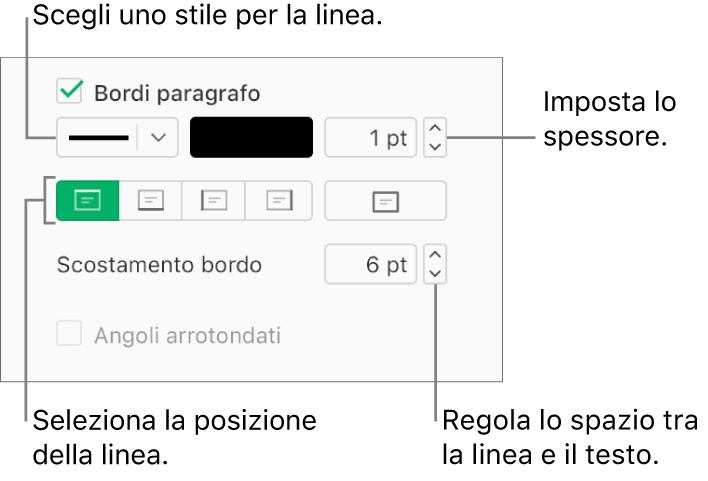 La casella “Bordi paragrafo” è selezionata nel pannello Layout della barra laterale Formato e i controlli per modificare lo stile, il colore, lo spessore, la posizione e la distanza dal testo sono visualizzati sotto alla casella.