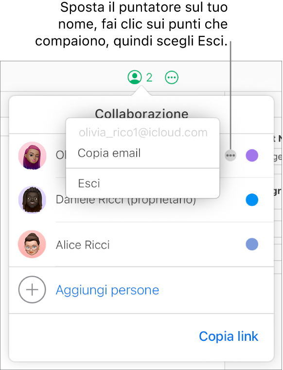 Il menu Collaborazione aperto, con il pulsante Altro a destra del primo partecipante su cui hai fatto clic, e un’opzione Rimuovimi disponibile.