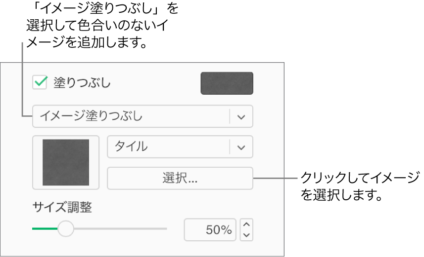 サイドバーで「塗りつぶし」チェックボックスが選択され、チェックボックスの下のポップアップメニューで「画像塗りつぶし」が選択されている。画像、オブジェクトを塗りつぶす方法、および画像のサイズ調整を選択するためのコントロールが、ポップアップメニューの下に表示されます。画像塗りつぶしのプレビューが正方形の中に表示されます（画像の選択後）。
