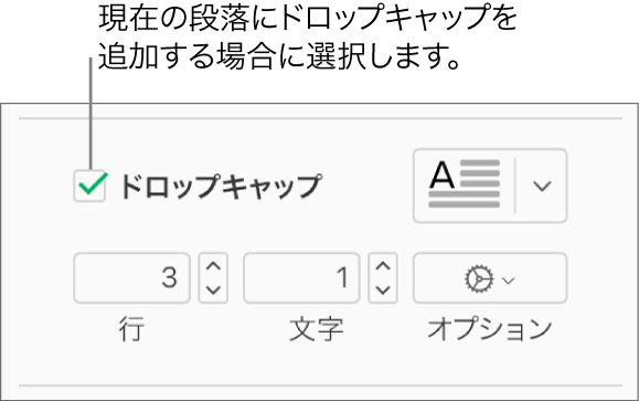 「ドロップキャップ」チェックボックスがオンになると、その右側にポップアップメニューが表示されます。その下に、行の高さや文字数などのオプションを設定するためのコントロールが表示されます。