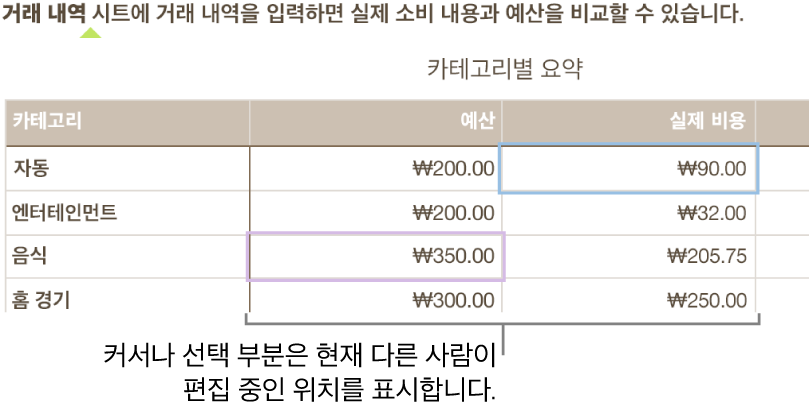 다른 사람이 공유 스프레드시트에서 편집하고 있는 위치를 표시하는 다른 색상의 커서 및 표 셀 선택.