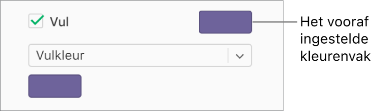 Het aankruisvak 'Vulling' is ingeschakeld in de navigatiekolom en het vooraf ingestelde kleurenvak rechts van het aankruisvak is gevuld met paars. Onder het aankruisvak is 'Vulkleur' geselecteerd in het pop‑upmenu.