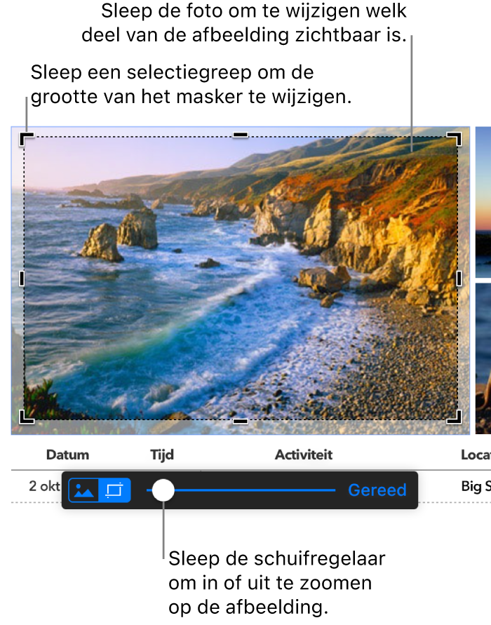 Een geselecteerde afbeelding met opties voor het masker zichtbaar aan de onderkant. Bijschriften tonen een hoekselectiegreep, de grenzen van een afbeelding en de schuifknop van de maskerinstellingen.