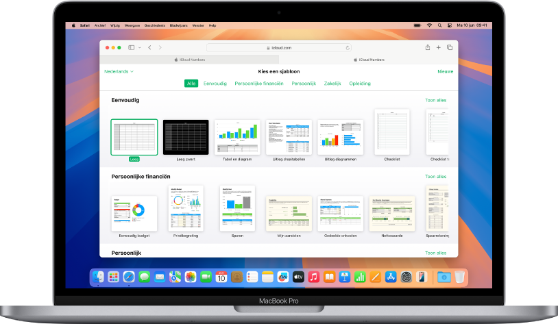 De sjabloonkiezer staat open en geeft een reeks voorbeeldspreadsheets weer om uit te kiezen.